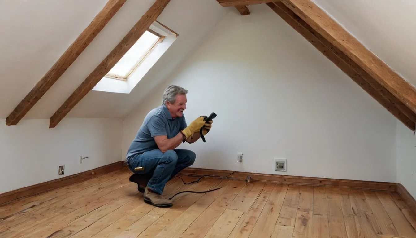 Homeowner in Old Westbury photographing a chewed attic beam while an independent wildlife provider inspects the insulation